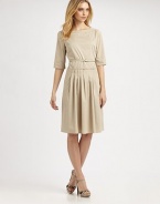 Stylish and sophisticated, this stretch cotton, boatneck dress also features a waist-defining belt and a flattering skirt. BoatneckElbow-length sleevesPleat details at belted waistSlash pocketsExposed back zipperAbout 40 from shoulder to hem67% cotton/28% polyester/5% elastaneDry cleanImported Model shown is 5'10½ (179cm) wearing US size 4. OUR FIT MODEL RECOMMENDS ordering true size. 