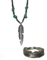 Lucky Brand 2 pc Set Large Feather Charm Pendant Necklace & Etched Bangle Bracelet Pewter & Turquoise Stone JLRU6298 JLRU6302