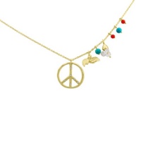 Meira T 14K Yellow Gold Diamond Peace Sign Necklace With Coral, Turquoise, &Diamond Off- Centered Charms