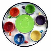 Colorful espresso cup and saucers to brighten up your mornings! Assorted colors. Dishwasher and microwave safe.