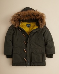 Bundle him up in this plush down-filled parka, boasting classic detailing and a cozy hood with faux fur trim.