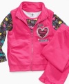 Get wild! She'll feel vibrant in this fun and sporty shirt, vest and pant set from Clubhouse.