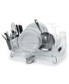 Put every dish in its place with this stainless steel drying rack from OXO. With plenty of room for all of your dishes, and a flexible drain spout that directs water directly into the sink, you'll find kitchen cleanup easier than ever. When the dishes are put away, just fold up the side walls for easy storage anywhere. Limited lifetime warranty.