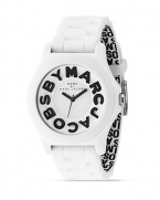 MARC BY MARC JACOBS goes graphic with his oversized rubber watch. Black signature logo on front and printed on interior of strap. Analog style, sweep second hand.