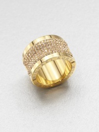 Sparkling pavé stones on a goldtone, logo accented barrel design. Ion-plated steelGlass stonesDiameter, about .66Imported