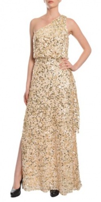 AIDAN MATTOX Dazzling Champagne Beaded One Shoulder Evening Gown Dress 4