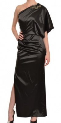 Aidan Mattox Women's Luxe Satin One Shoulder Sequin Draped Eve Gown 10 Black