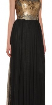 Aidan Mattox Women's Sequin Gathe Tulle Long Evening Gown 0 Black, Gold