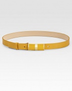 A shiny goldtone buckle accents this bright, beautiful, supple calfskin leather belt.About 1 wideImported