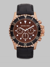 Crafted with precision and perfection, in brushed rose gold tone stainless steel with genuine, croc-embossed leather strap.Chronograph movementRound bezelWater resistant to 10ATMDate display at 5 o'clock Second handStainless steel case: 45mm(1.77)Leather braceletImported