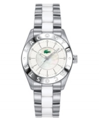 Lacoste takes sporty style to a new level with the Biarritz watch. White plastic and stainless steel bracelet and round case. Logo at bezel. White dial with stick indices and logo. Quartz movement. Water resistant to 30 meters. Two-year limited warranty.