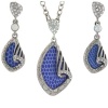 Necklace Earring Vibrant Blue Leather Silver Tone Swarovski Crystals Set Bucasi