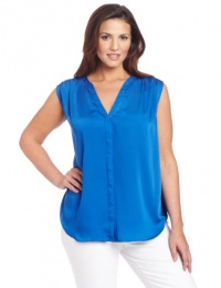 DKNYC Women's Plus-Size Sleeveless V-Neck Button Thru Blouse With Chiffon Yoke