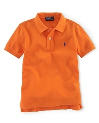 A short-sleeved polo shirt is cut in soft breathable cotton mesh.