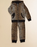 A chic and casual leopard spotted knit with a cozy hood and an easy shape.Attached hood with solid liningZip frontLong sleeves with ribbed knit cuffsSplit kangaroo pocketsRibbed hemLooped French terry lining47% cotton/47% modal/6% spandexMachine washMade in Italy