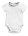 Baby's first Burberry, an adorable bodysuit with woven check collar.