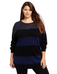 DKNYC Women's Plus-Size Long Sleeve Boat Neck Stripe Lurex Pullover