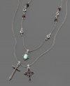 The ultimate in fashion jewelry with ecclesiastical style: this Lucky Brand Jeans necklace features two stylized crosses, wooden and enamel bead and a bright green stone charm. Necklace can be worn doubled. Approximate length: 19 inches with 2-inch extender. Approximate drop: Approximate drop: 1-3/4 inches.