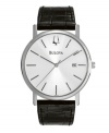 Sophistication through simplicity. Watch by Bulova crafted of black croc-embossed leather strap and round stainless steel case. Silver tone dial features stick indices, date window at three o'clock, logo at twelve o'clock and three hands. Quartz movement. Water resistant to 30 meters. Three-year limited warranty.