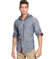 The standard jersey button down gets a sporty update with this hooded chambray shirt by Bar III. (Clearance)