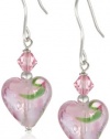 Sterling Silver Multi-Pink Crystal and Hand Blown Glass Heart Drop French Wire Earrings