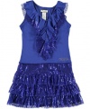 GUESS Kids Girls Big Girl Flounced Dress with Sequins, BLUE (10/12)