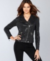 Go for all out rocker glam with INC's cropped moto jacket, featuring asymmetrical details and a fully sequined look.