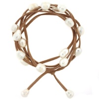 Leather and Pearl Wrap-around Convertible 2-in-1 Bobbi Bracelet in Tan Presented in Complementary Silk Organza Jewelry Pouch