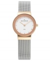 Steel and rose gold create a stunning combination on this lovely watch by Skagen Denmark. Stainless steel mesh bracelet and round rose gold tone case. Silver tone dial features Swarovski elements at markers, two rose gold tone hands and logo. Quartz movement. Water resistant to 30 meters. Limited lifetime warranty.