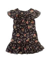 An array of ruffles on floral-print chiffon makes for a pretty season-spanning dress.