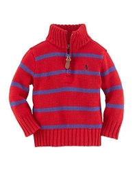 A handsome striped sweater is rendered in soft French-rib cotton with a half-zip mockneck for versatile styling.