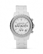 The chronograph is the new face of time. Here, from MICHAEL Michael Kors in bright white with crystal embellished bezel. With three-eye design and sweep second hand.