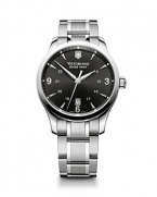 Put a sleek, utilitarian spin on your day-to-day looks with this stainless steel watch from Victorinox Swiss Army, boasting a matte black dial and luminous hands. It's classic round face give it a timeless feel, backed up by precision analog quartz movement.