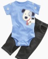 He'll be put together and ready to play in no time with this sweet bodysuit and pant set from Mini Bean.