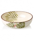 Feel like you're on holiday with Clay Art's tropical Hibiscus serving bowl, featuring rosy pink blooms and a rustic cocoa-brown rim in dishwasher-safe earthenware. (Clearance)