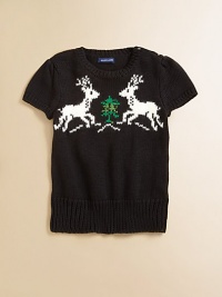 A charming crewneck sweater in a soft blend of plush yarns captures the spirit of the season with a classic intarsia-knit reindeer design.Ribbed crewneckCap sleevesShoulder buttonsRibbed cuffs and hemCottonHand washImported