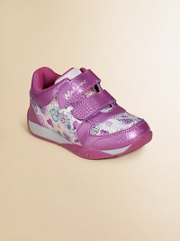 A cute-as-a-button sneaker with gleaming sequins and girlie hues.Double grip-tape closurePadded tongue and collarFabric upper with sequinsBreathable fabric liningRubber soleCushioned leather insoleImported