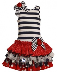 Size-5, Navy, BNJ-8036R Striped Knit to Multi Tiered Mix-Print Drop Waist Dress,R38036 Bonnie Jean Little Girls Girl Party Dress