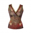 Michal Negrin Red Gradient Sleeveless V-Neck Top Crafted with Metallic Lace and Velvet Trim, Swarovski Crystals Enhanced Victorian Roses and Lace Like Patterns - Size M