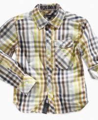 A colorful summer style and deep chest pocket make this plaid shirt from DKNY perfect for adventures in the sun.