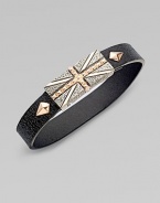 From the Alchemy in the UK Collection. A bold Union Jack of sterling silver, textured, studded and finished with rose goldplatng on a black leather strap.Sterling silverRose goldplatedLeatherLength, about 8½Magnetic claspImported