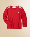 Requisite checks adorn the shoulders of this classic, long-sleeved tee for an added splash of color and flair.CrewneckLong sleevesPullover styleCottonMachine washImported