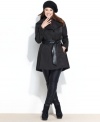 Looking for a sleek way to stay dry? Steve Madden's plus size raincoat features a unique asymmetrical collar and a faux-leather belt for extra edge.