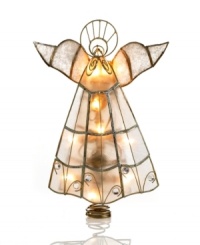 Light the way with the rustic grace of Kurt Adler's angel tree topper, featuring a body of iridescent capiz shells.