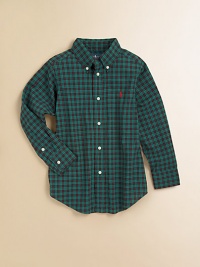 A cotton oxford button-down shirt embroidered with Ralph Lauren's pony offers a handsome, preppy-in-plaid look.Pointed button-down collarLong sleeves with single-button barrel cuffsButton-frontShirttail hemCottonMachine washImported Please note: Number of buttons may vary depending on size ordered. 