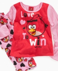 She plays hard to win at her favorite video game with this Angry Birds fleece pajama set by AME.