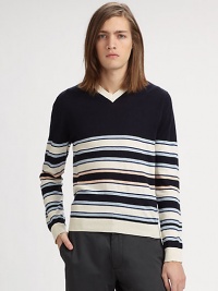 Contemporary collegiate style, for the man on campus and beyond, in a luxurious, multistriped cotton and cashmere blend.V-neckRibbed-knit collar, cuffs and hem85% cotton/10% cashmere/5% woolDry cleanImported