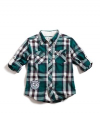 GUESS Kids Boys Hennesy Shirt with Roll-up Sleeves, PLAID (3T)