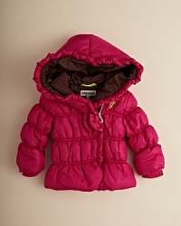 Juicy Couture's cute quilted puffer jacket is all about frilly fun with ruffle trim, large bow accents and goldtone hardware.