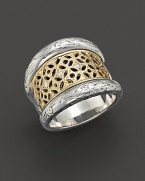 Wide silver and gold lattice ring with diamond accents. Designed by Konstantino.